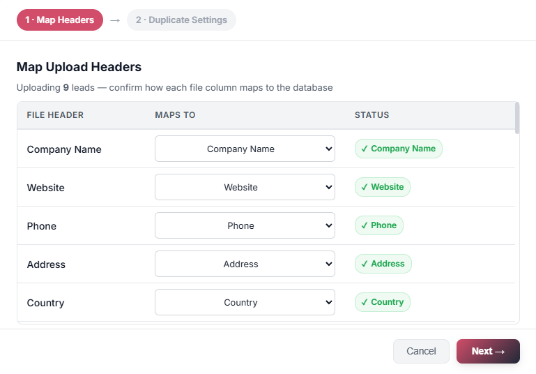 Upload leads interface